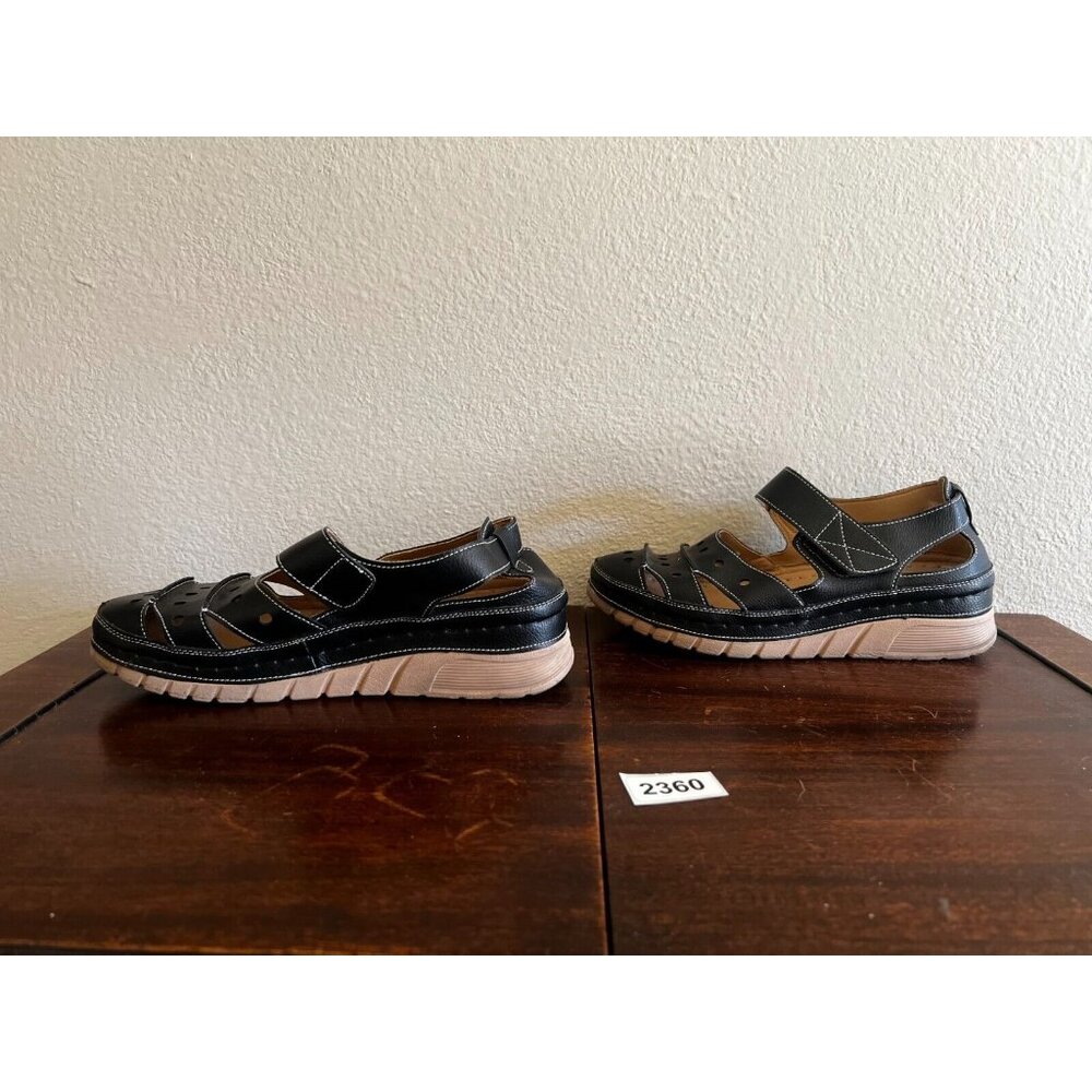 Siketu Women's Sandal Sz 8.5 Black Leather Closed Toe Comfort Hook and Loop - Picture 2 of 10